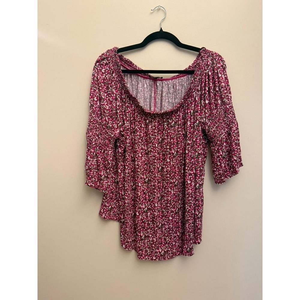 Lane Bryant Womens‎ Plus Size 22/24 Pink Floral Off Shoulder Smocked Sleeve Top